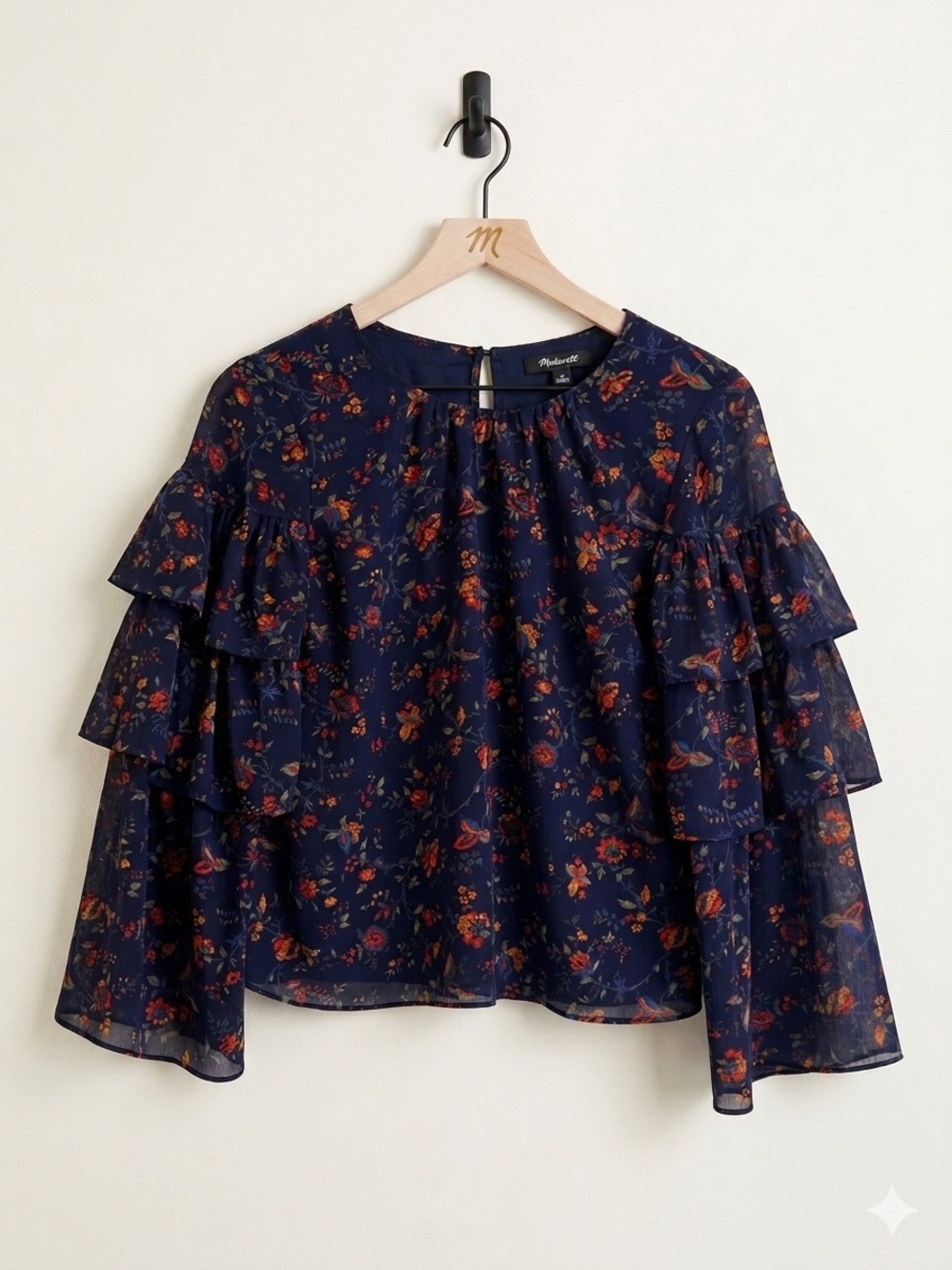 Madewell Ruffle-Sleeve Blouse in Dark Floral - Size XS